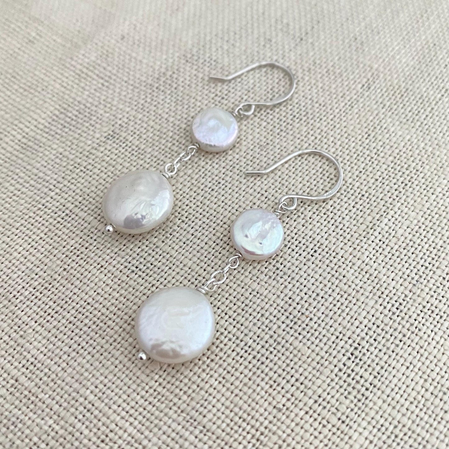 Double Coin Pearl Earrings- Sterling Silver