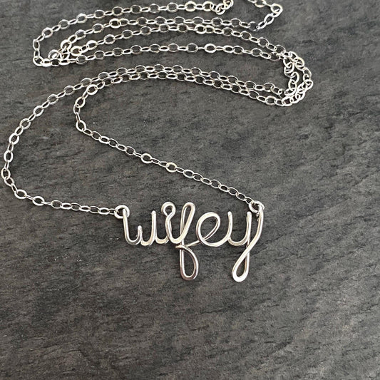Wifey Necklace: Sterling Silver Script Name, Bridal, Valentines Gift