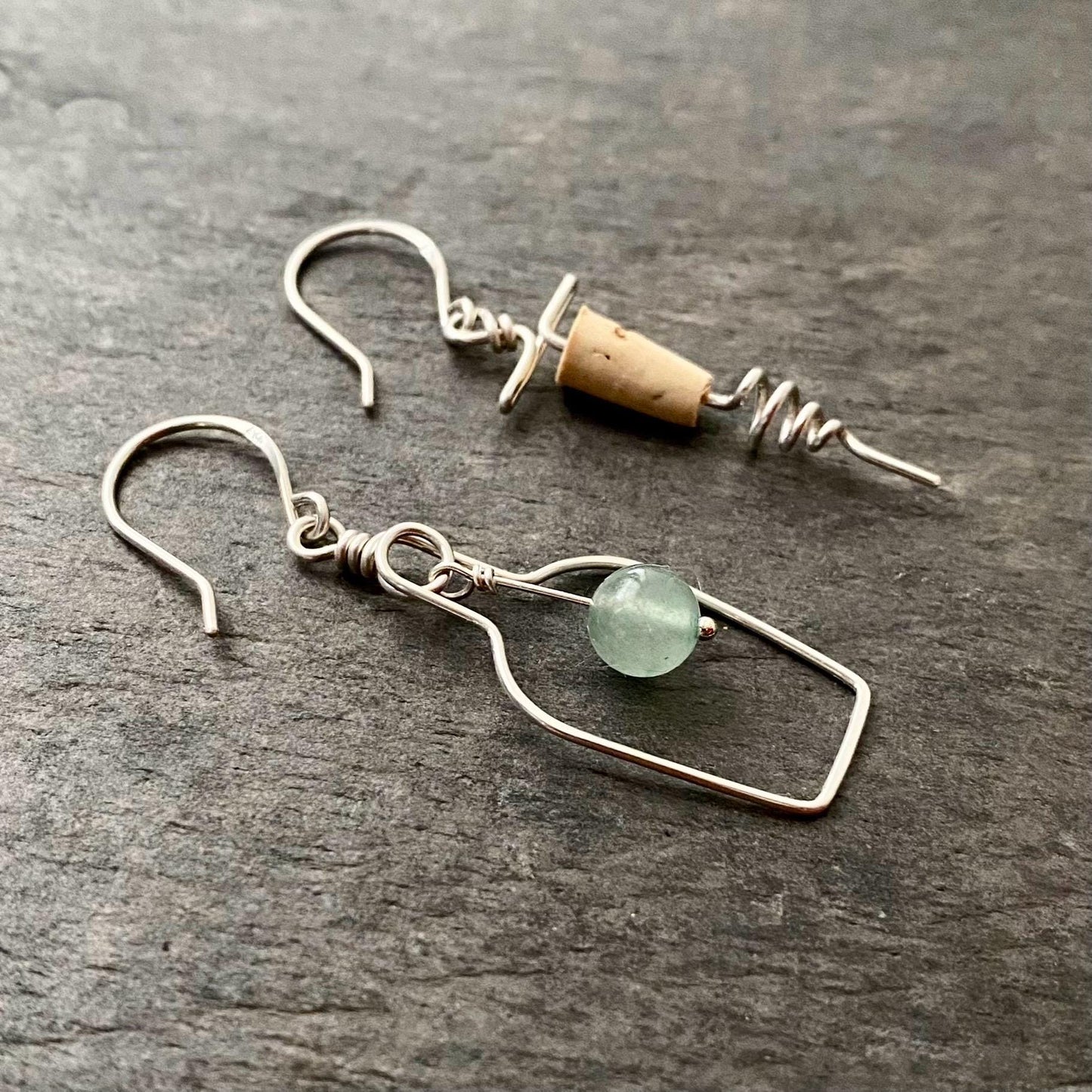 Sterling Silver Wine Earrings: Light Green Jade Gemstone, Corkscrew Earrings