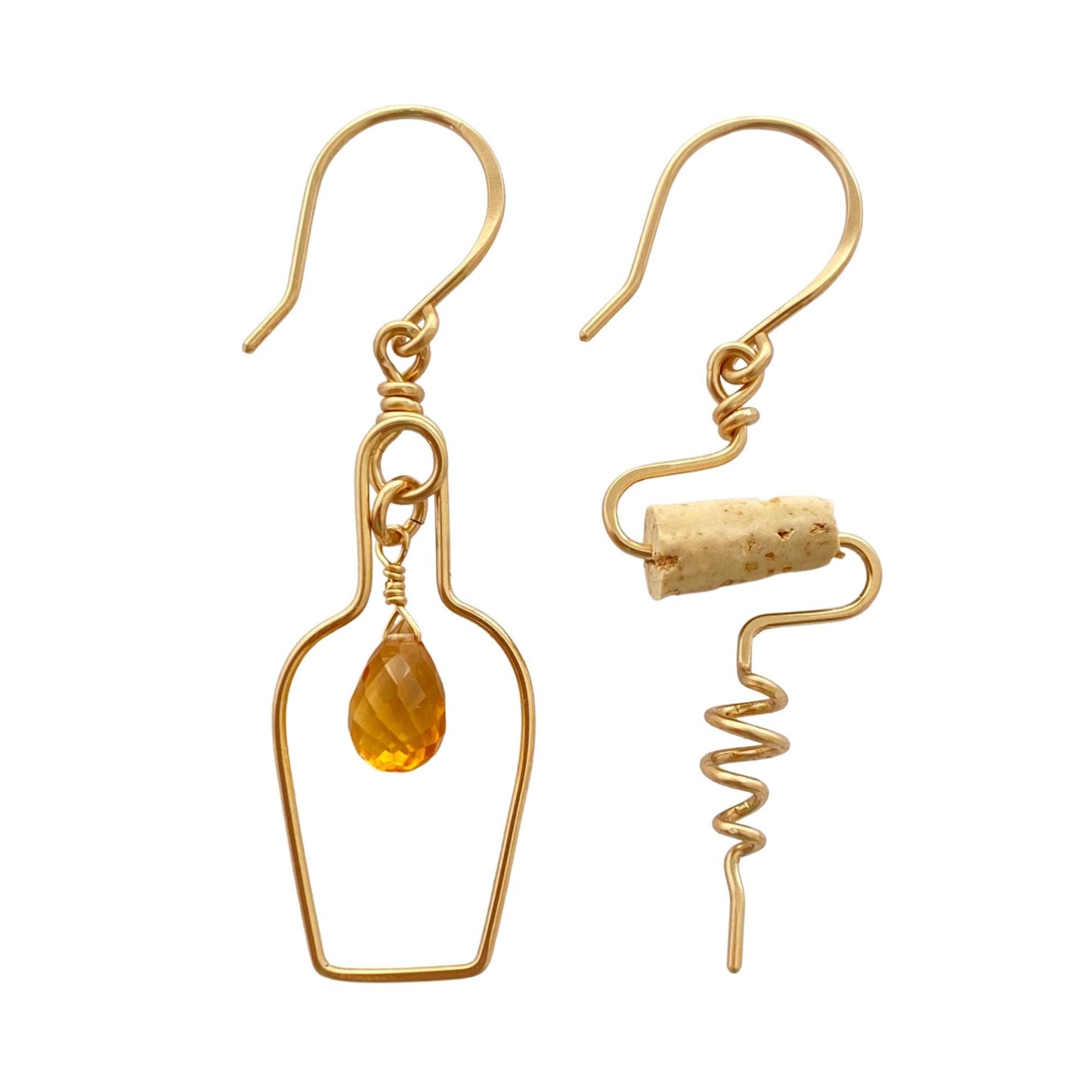 Champagne Bottle and Cork Screw Earrings with Genuine Citrine. Wine Lover Gift.