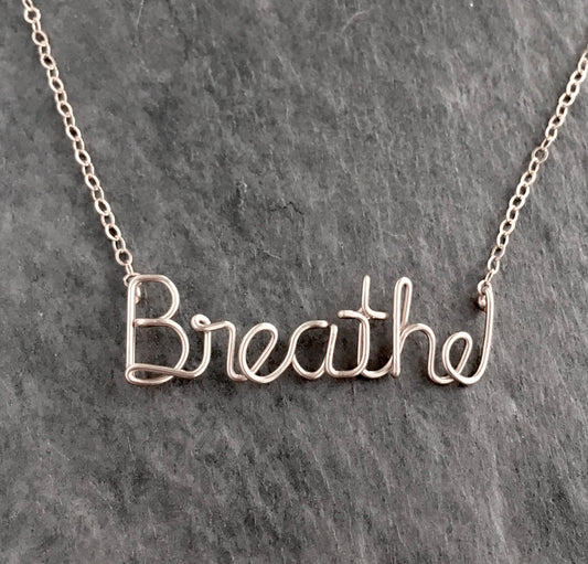 Sterling Silver Breathe Necklace: Wire Calligraphy, Yoga Inspiration