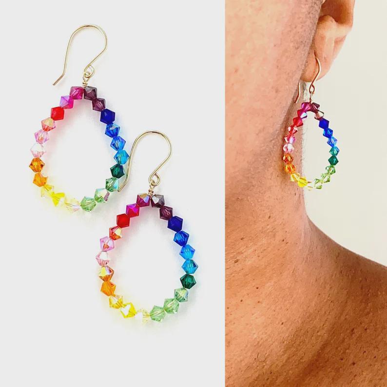 Rainbow Swarovski Crystal Hoop Earrings: Sterling Silver Wire