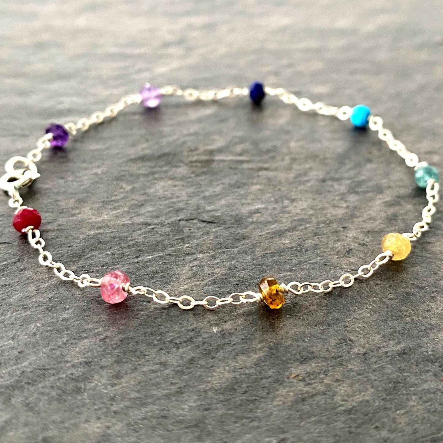 Rainbow Gemstone Bracelet: Sterling Silver, Delicate Gemstone, Chain