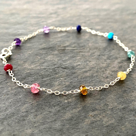 Rainbow Gemstone Bracelet: Sterling Silver, Delicate Gemstone, Chain
