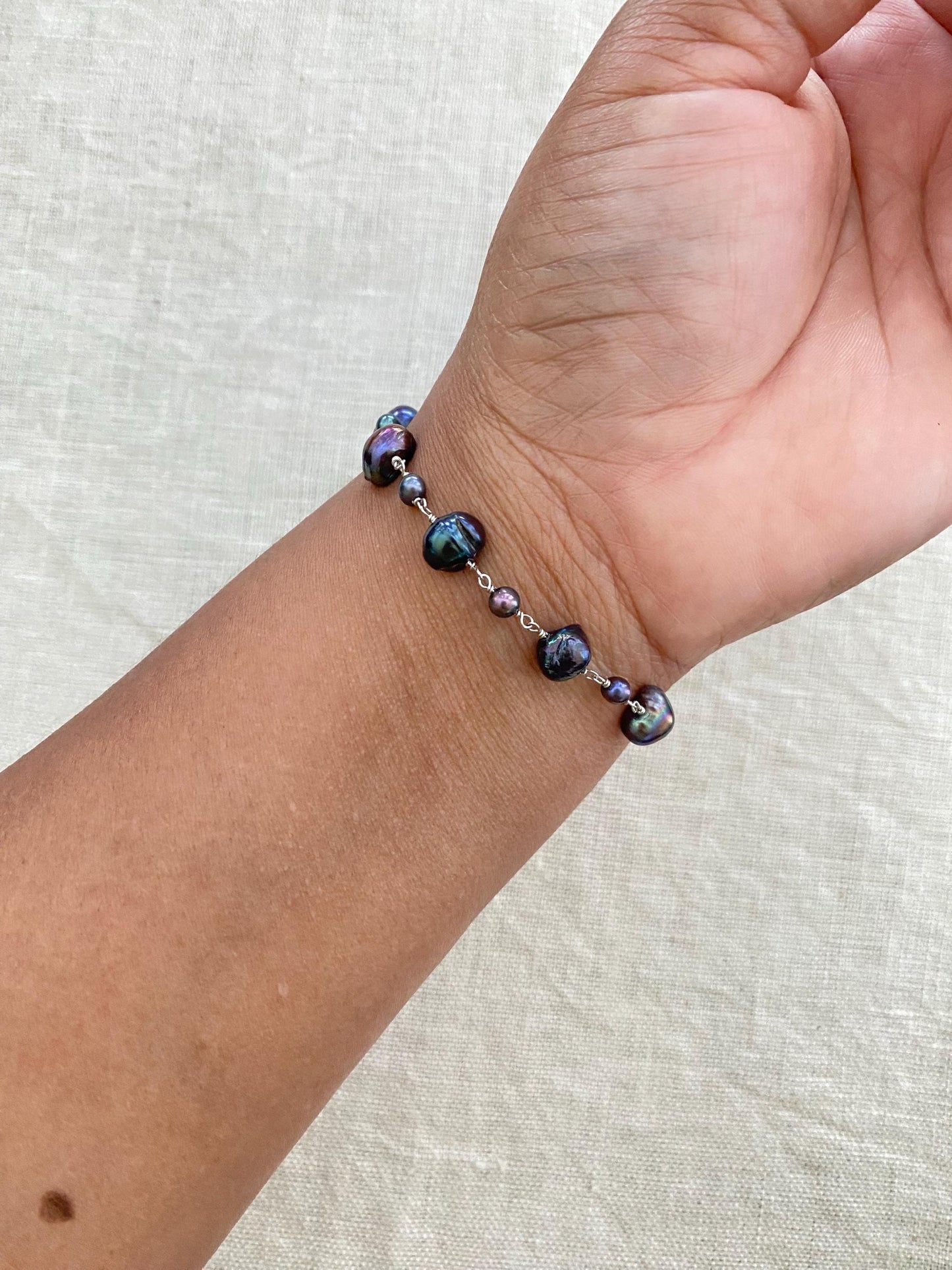 Black Peacock Freshwater Pearl Bracelet Sterling Silver Infinity Clasp Handmade