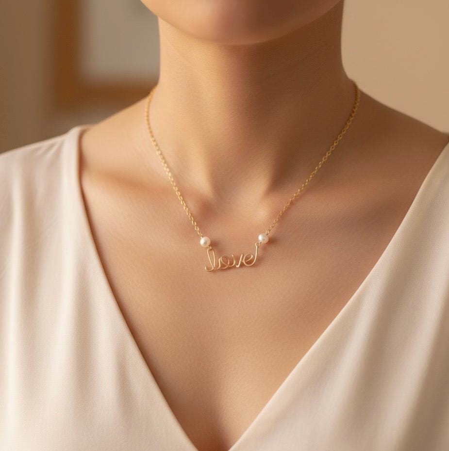 Love Necklace: Cursive Script Pendant with pearls