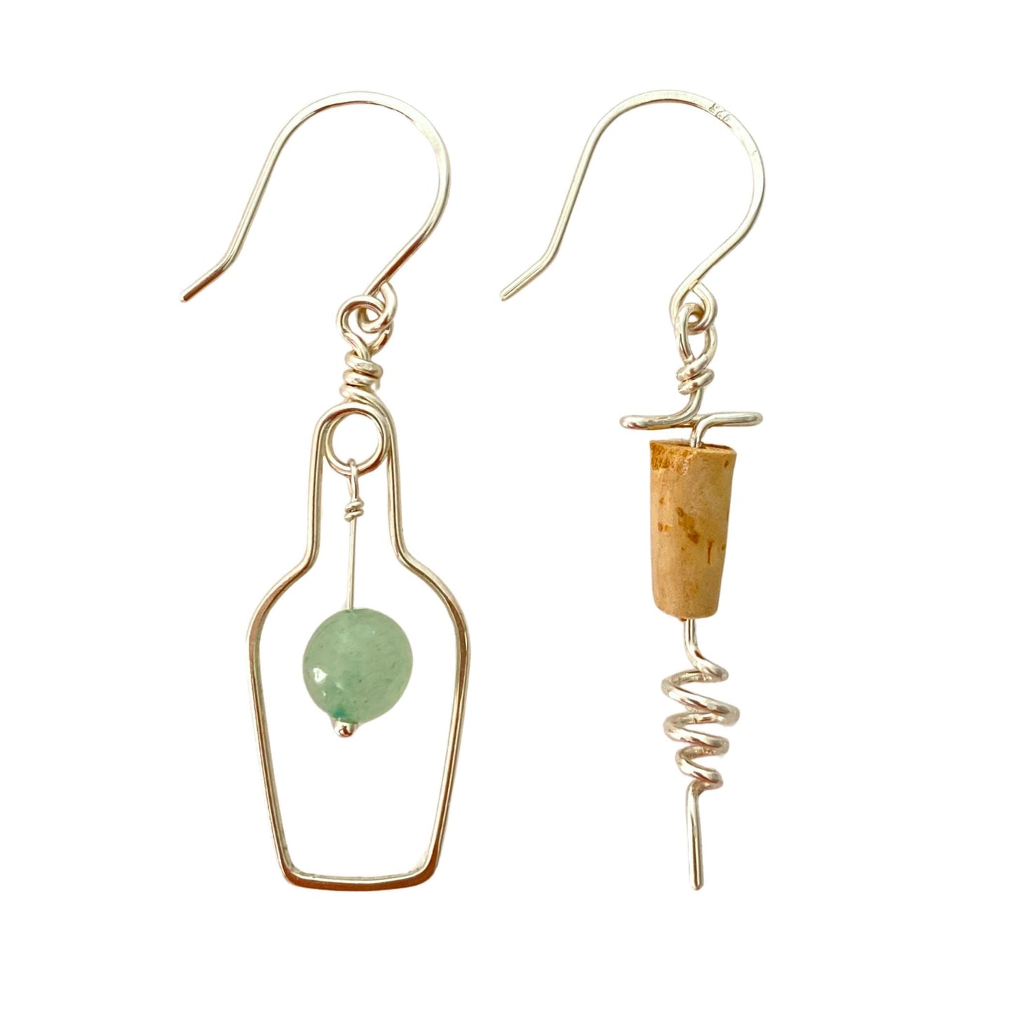 Sterling Silver Wine Earrings: Light Green Jade Gemstone, Corkscrew Earrings