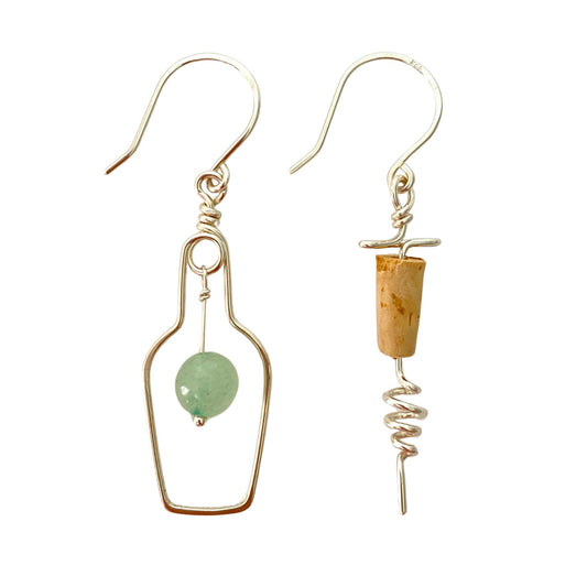 Sterling Silver Wine Earrings: Light Green Jade Gemstone, Corkscrew Earrings