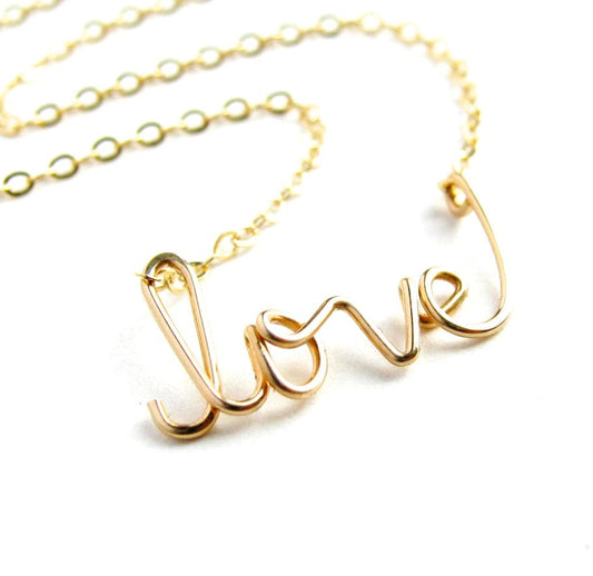 14k Gold Fill Love Necklace: Cursive Script Pendant