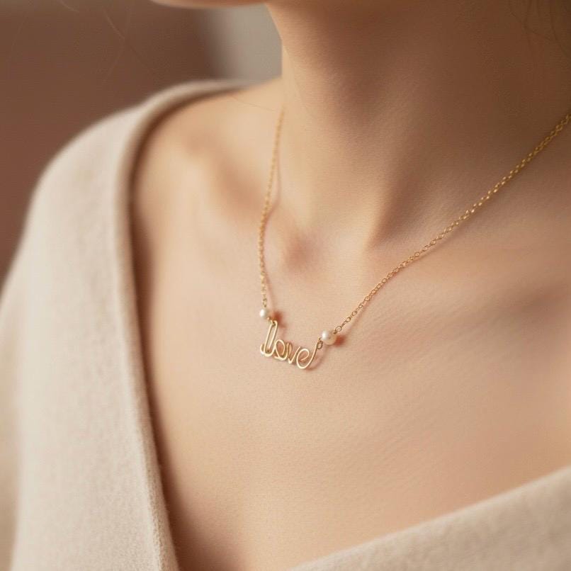 Love Necklace: Cursive Script Pendant with pearls