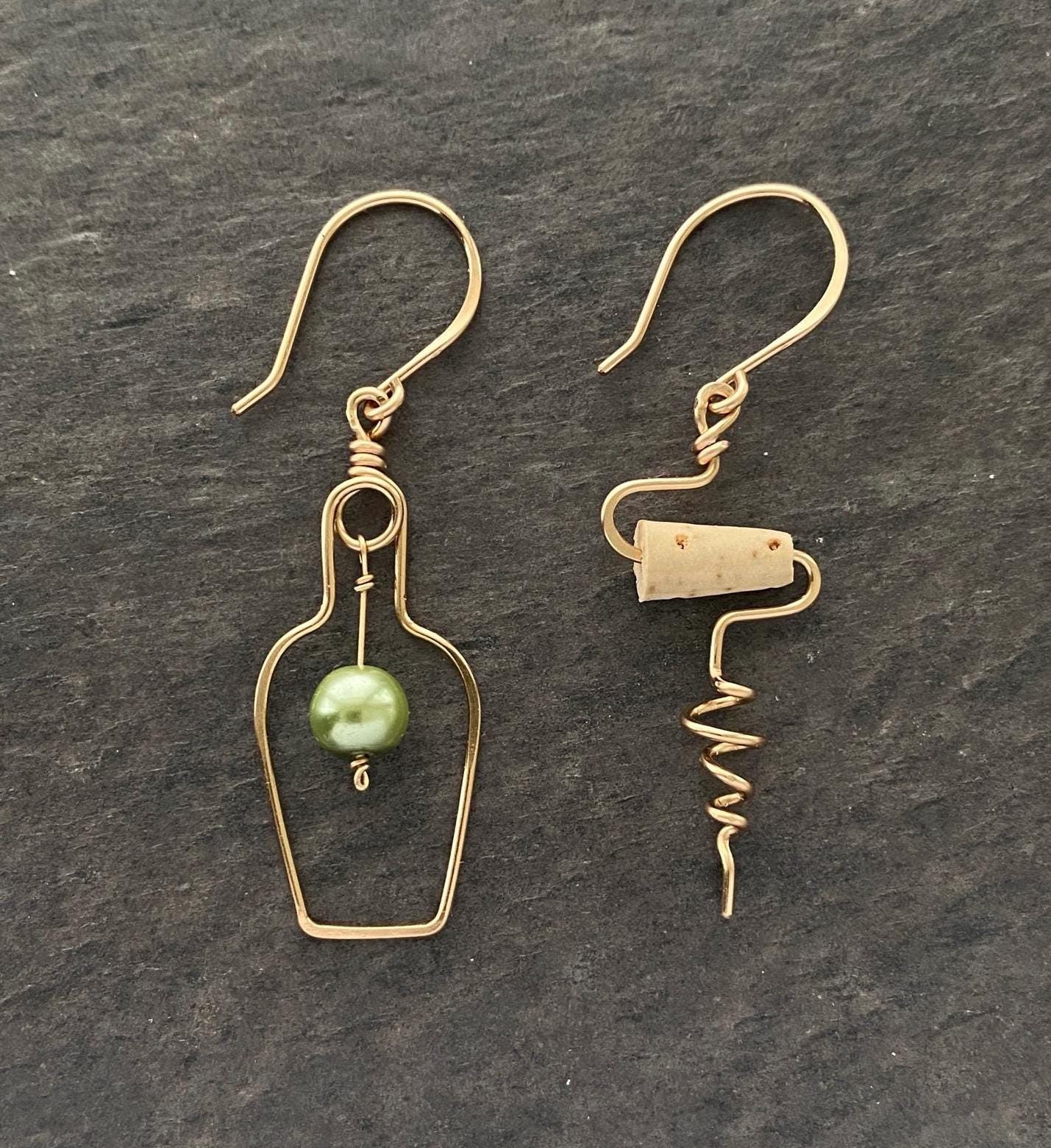 Wine Bottle & Corkscrew Earrings: Swarovski Grape, Sterling Silver or Gold