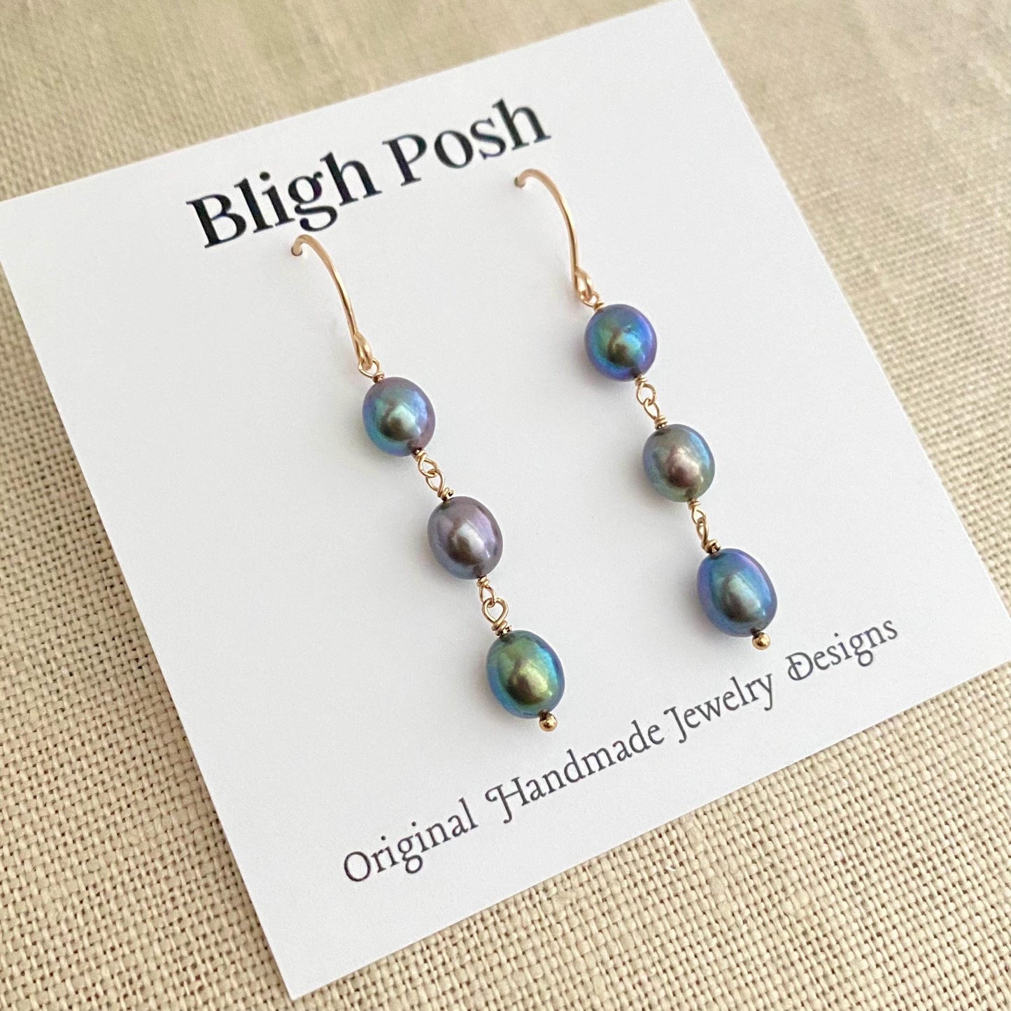 Peacock Pearl Triple Drop Earrings: 14k Gold Filled Freshwater Pearls