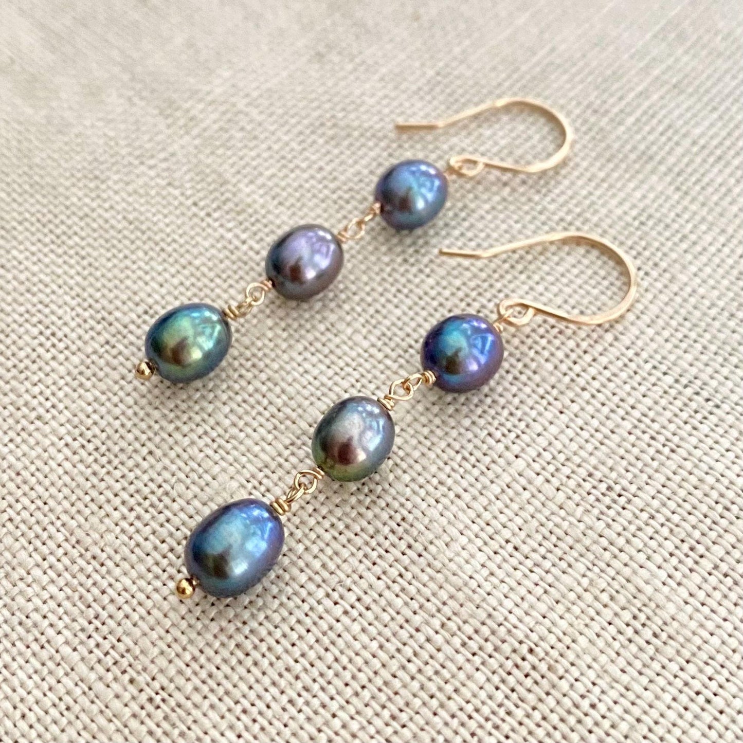 Peacock Pearl Triple Drop Earrings: 14k Gold Filled Freshwater Pearls