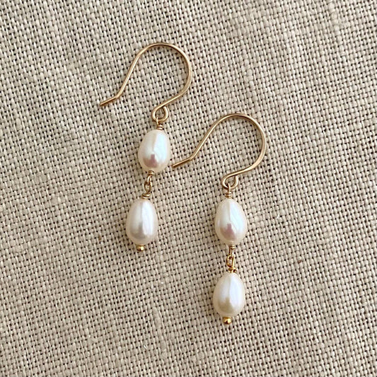 White Pearl Drop Earrings – 14k Gold Filled Hand-Hammered Ear Wires