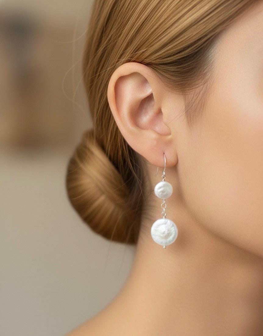 Double Coin Pearl Earrings- Sterling Silver