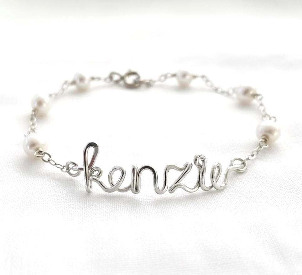Pearl Name Bracelet: Sterling Silver Lowercase Script, Gemstone and Chain