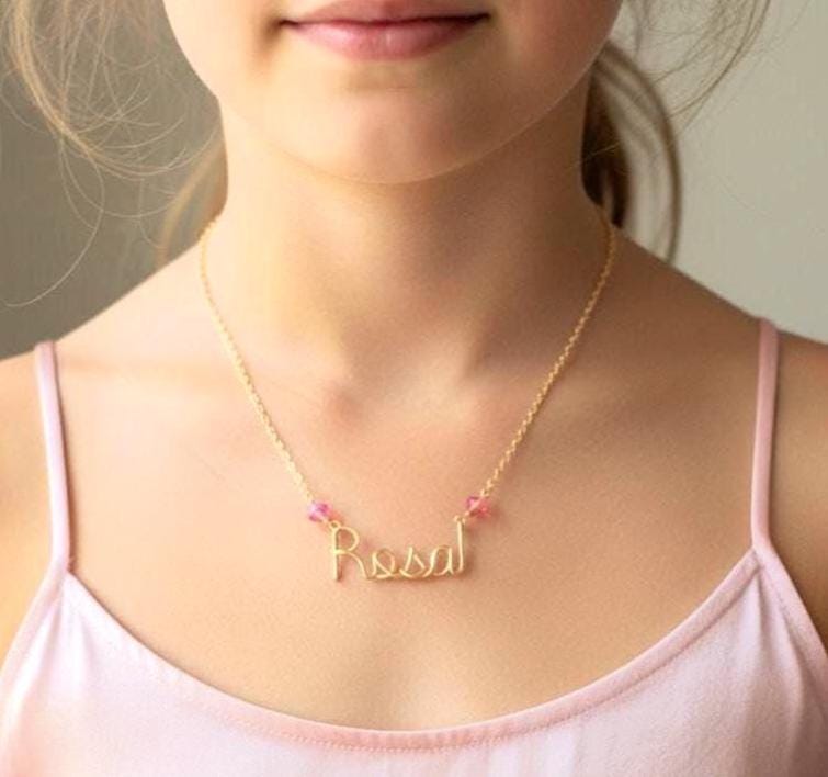 Gold Filled Child Name Necklace: Cursive Swarovski Crystal Personalized Jewelry