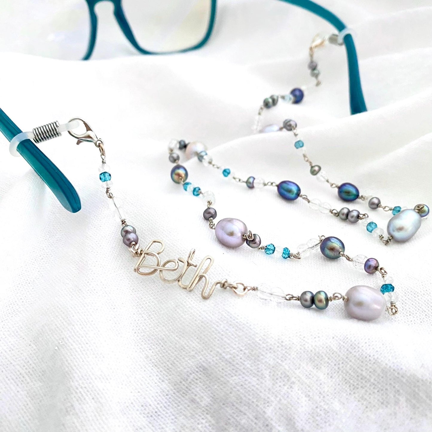 Personalized Beaded Chain Eye glasses Holder: Freshwater Pearls, Quartz, Sterling Silver
