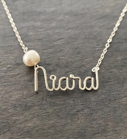 Personalized Sterling Silver Name Necklace with Freshwater Pearl. Custom Script Wire Name.