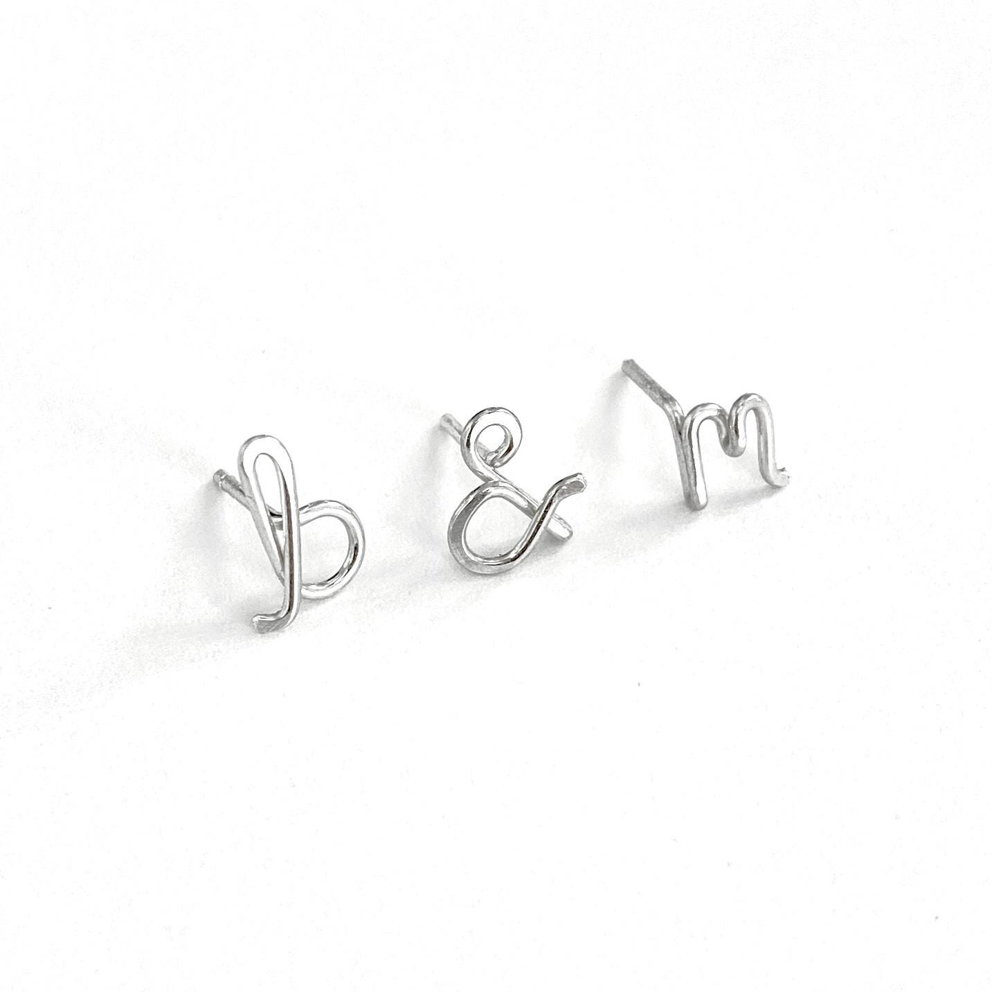 Custom Lovers Initial Small Earrings: Personalized Sterling Silver Ampersand Script Studs