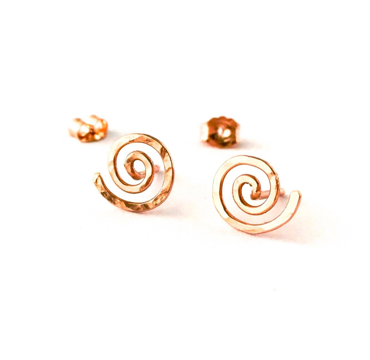 14k Rose Gold Spiral Stud Earrings: Hand Hammered Sun Swirl Posts