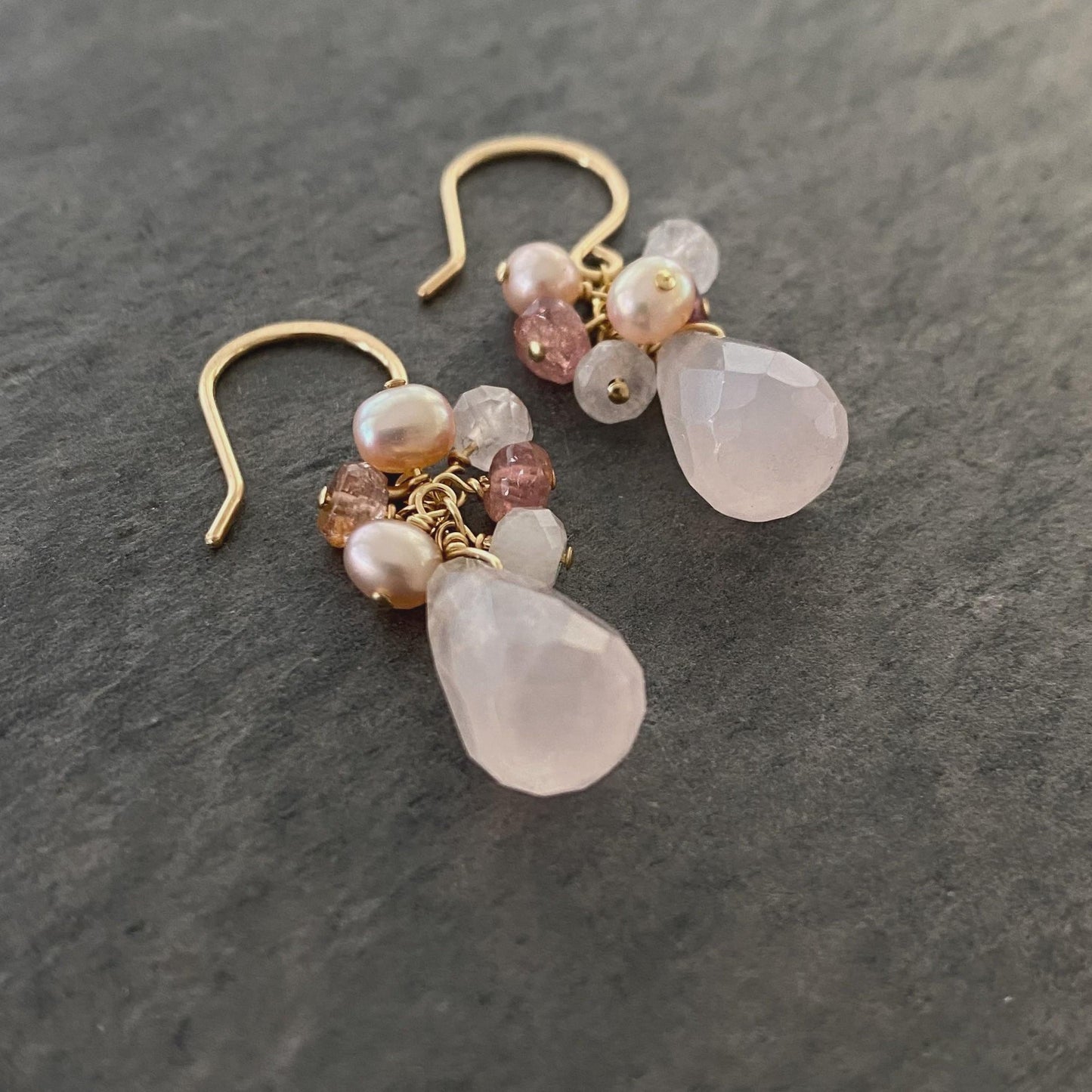 Rose Quartz Earrings: 14k Gold Filled, Pink Pearls, Tourmaline Gemstone