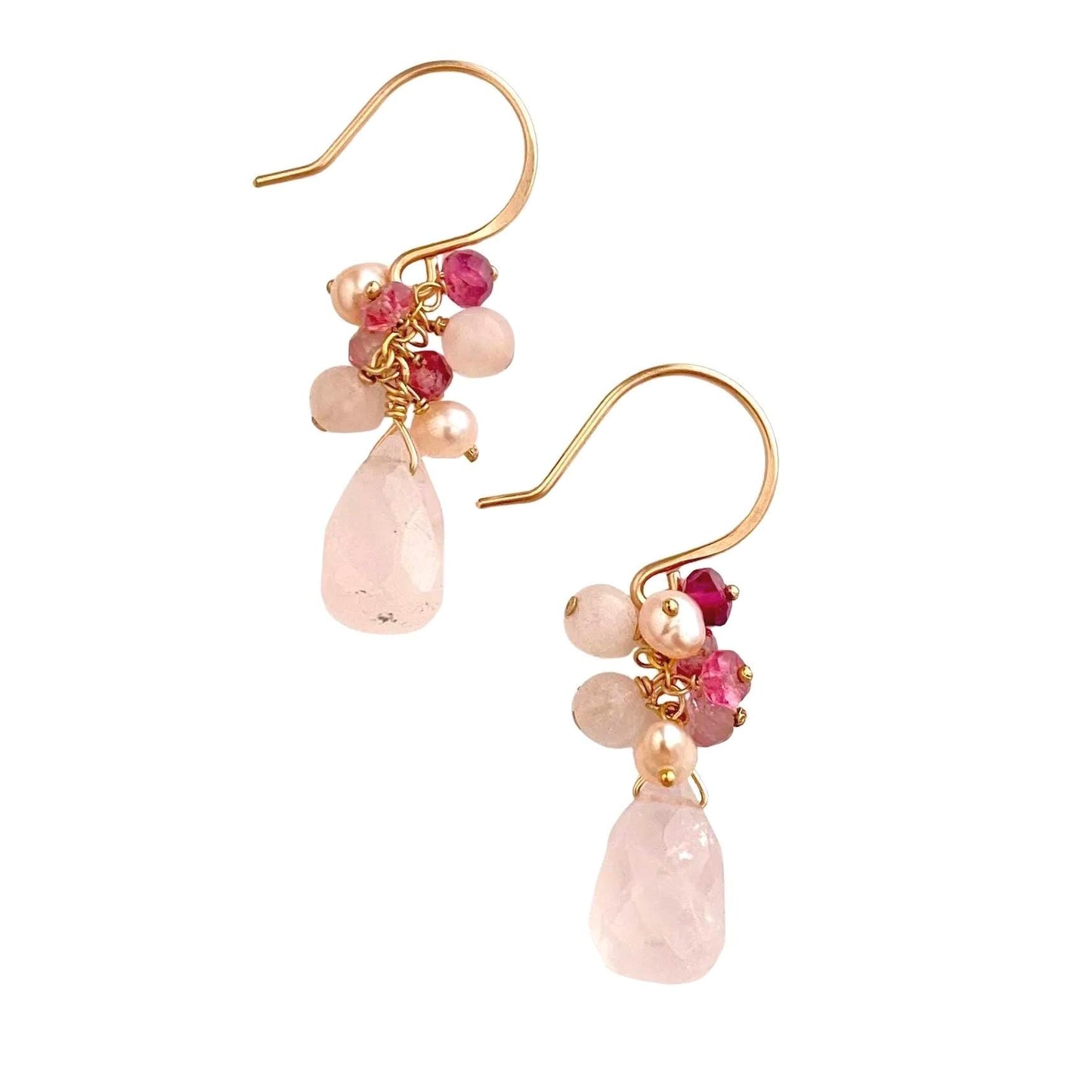 Rose Quartz Earrings: 14k Gold Filled, Pink Pearls, Tourmaline Gemstone