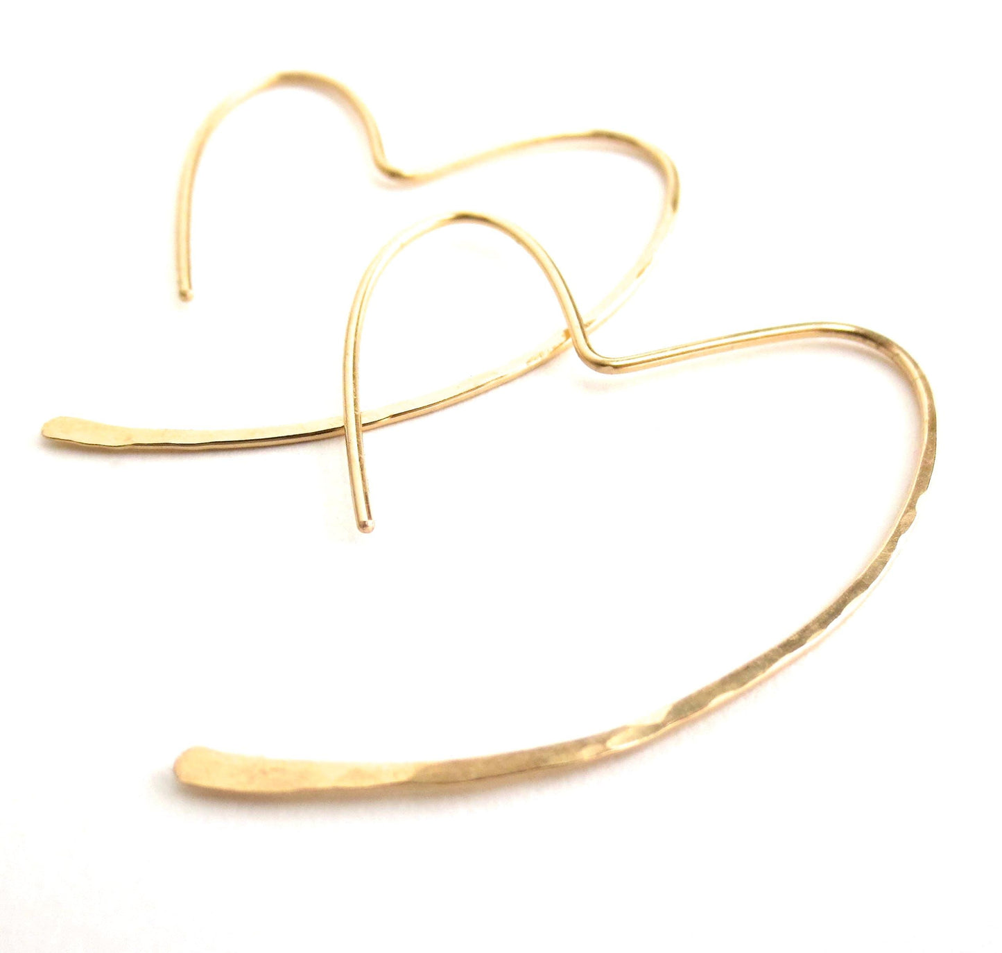 14K Solid Gold Heart Hoop Earrings: Hammered Hoops