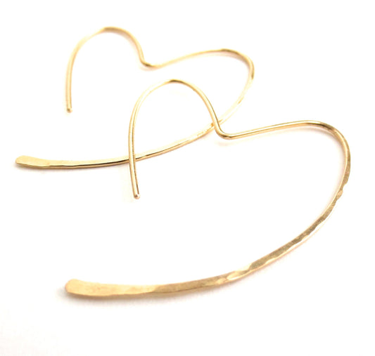 14K Solid Gold Heart Hoop Earrings: Hammered Hoops