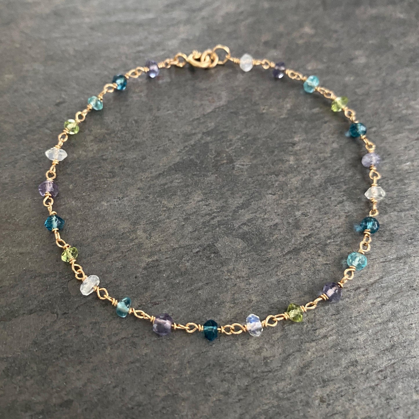 Dainty Blue Gemstone Bracelet: Hand Wrapped in 14k Gold Filled