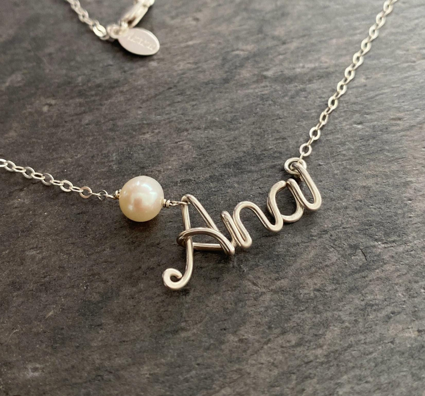 Personalized Sterling Silver Name Necklace with Freshwater Pearl. Custom Script Wire Name.