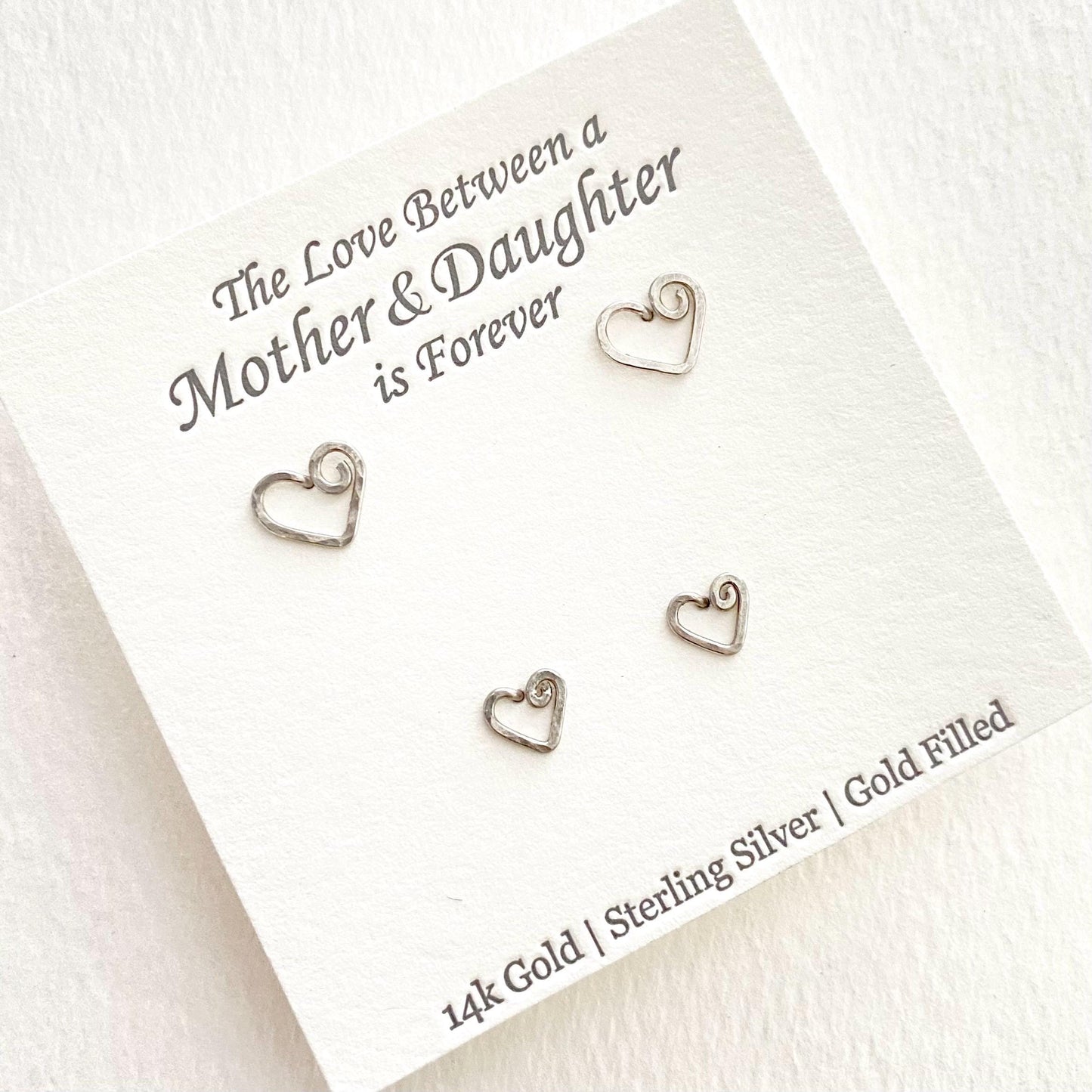 Mother Daughter Sterling Silver Heart Studs Set: Hammered Texture Earrings