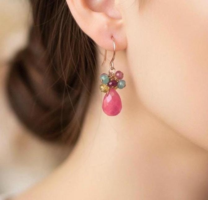 Pink Fuchsia Jade Dangle Drop Rose Gold Earrings. Handmade
