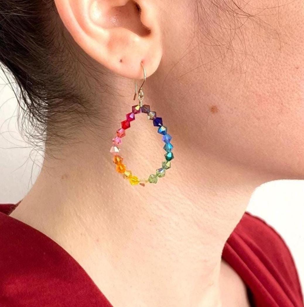 Rainbow Swarovski Crystal Hoop Earrings: Sterling Silver Wire