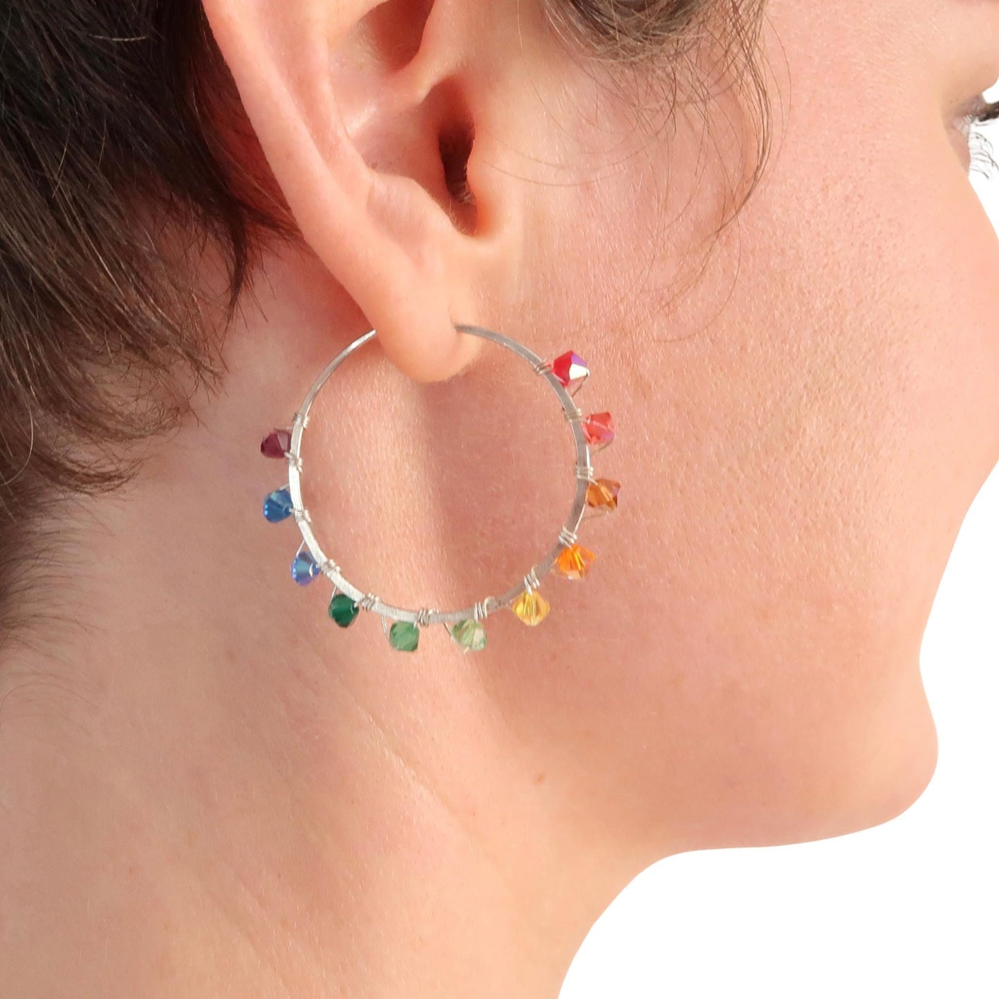 Rainbow Swarovski Crystal Sterling Silver Hoop Earrings (1.5 inch)