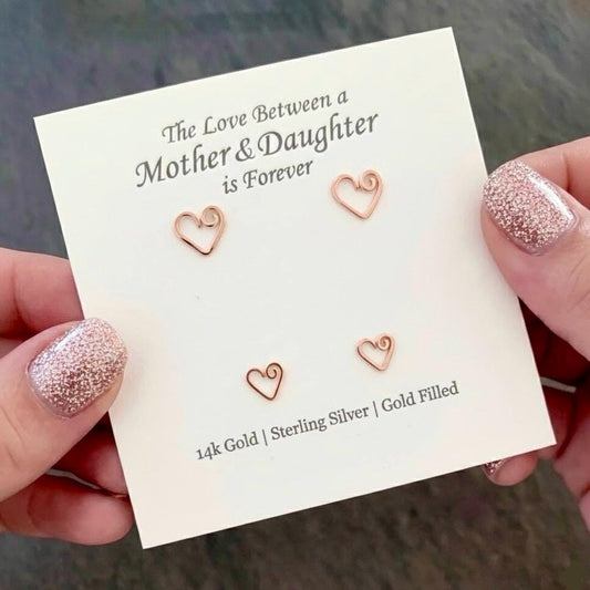 Mommy and Mini Heart Studs Gift Set. 14k Rose Gold Mother Daughter Earrings
