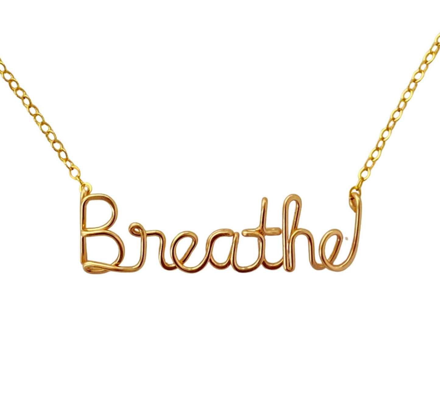Gold Filled Breathe Necklace: Yoga Inspired Wire Word Pendant