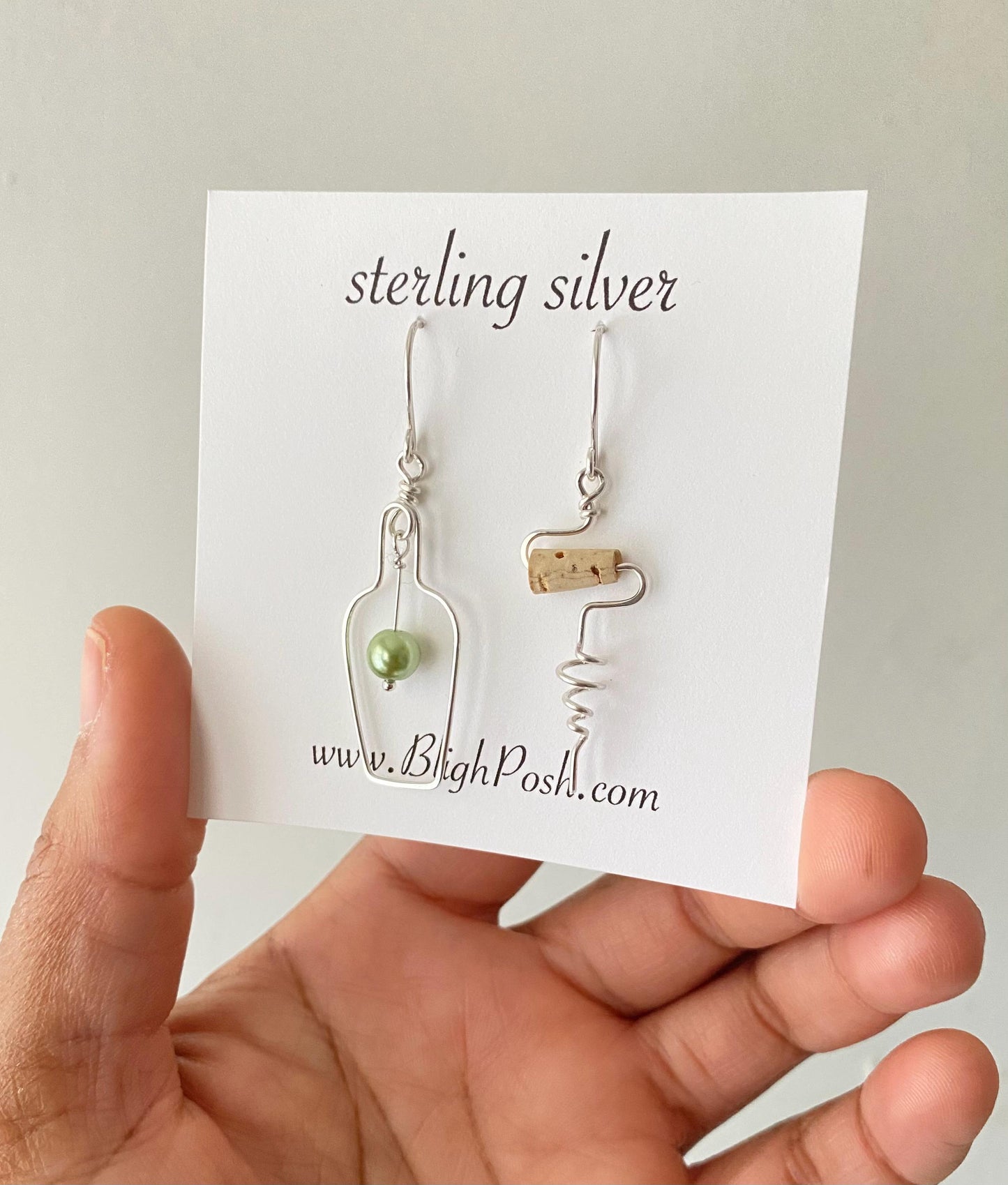 Wine Bottle & Corkscrew Earrings: Swarovski Grape, Sterling Silver or Gold