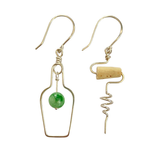 Jade Wine Bottle Cork Screw Earrings, Cocktail Lover Gift