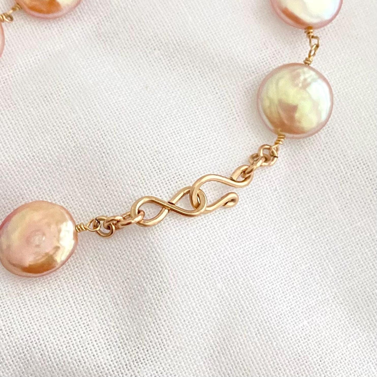 Rare Pink Freshwater Coin Pearl Bracelet: Handmade Infinity Gold Filled Clasp