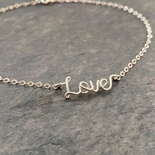 Sterling Silver 'Love' Anklet: Tiny Delicate Word Ankle Bracelet