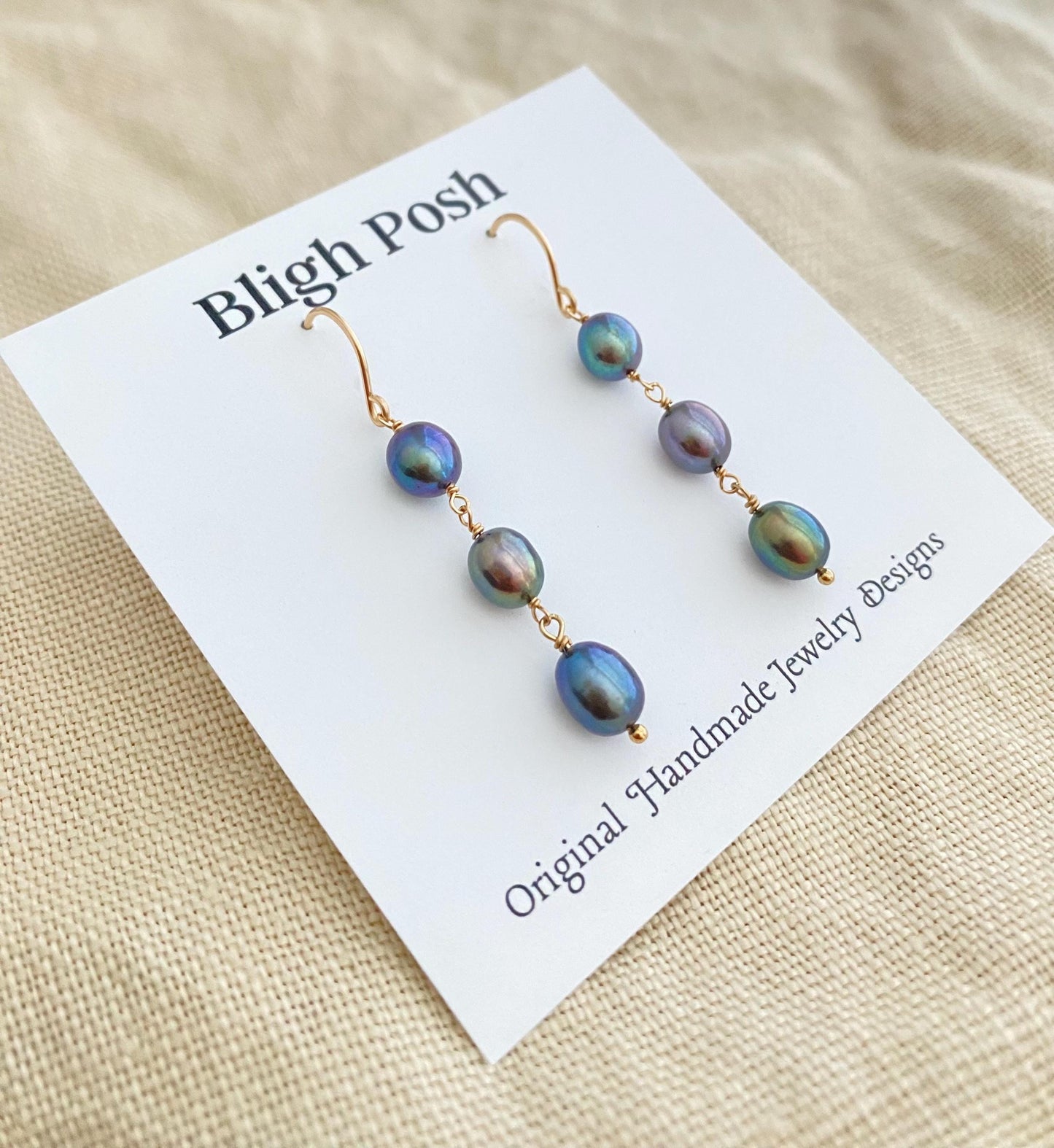 Peacock Pearl Triple Drop Earrings: 14k Gold Filled Freshwater Pearls
