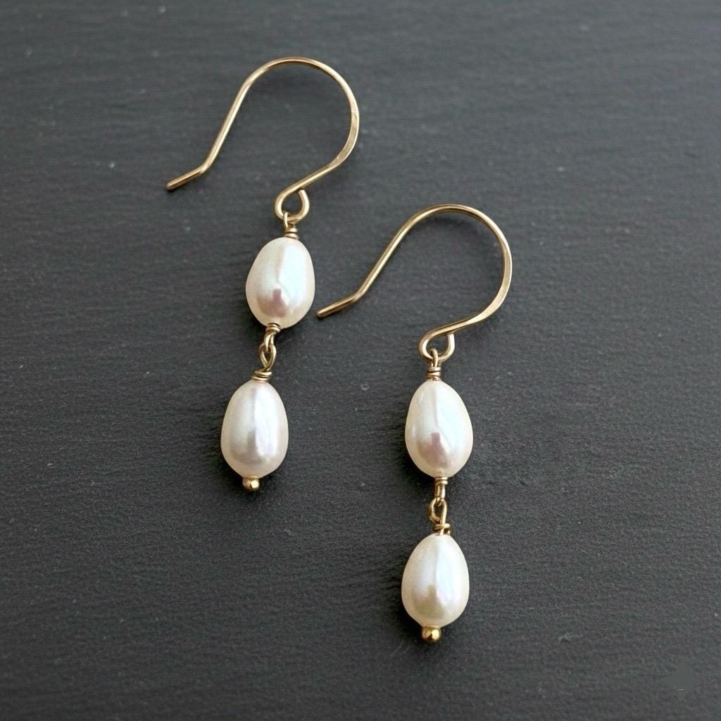 White Pearl Drop Earrings – 14k Gold Filled Hand-Hammered Ear Wires