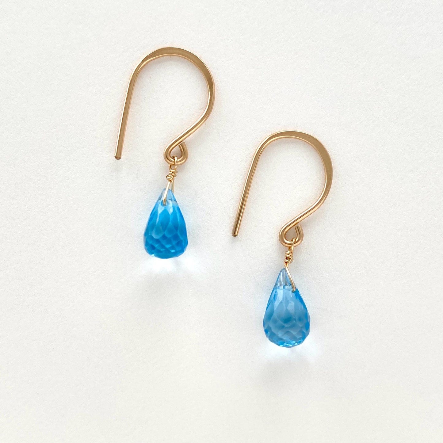 Genuine Blue Topaz Drop Earrings – 14k Gold Filled Hammered Ear Wires Faceted Teardrop Gemstones