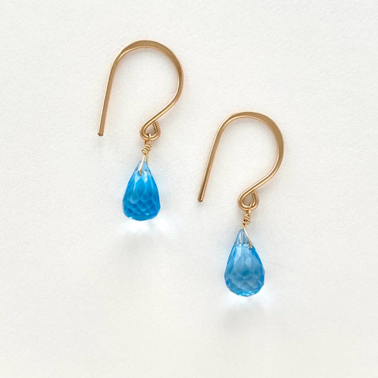 Genuine Blue Topaz Drop Earrings – 14k Gold Filled Hammered Ear Wires Faceted Teardrop Gemstones
