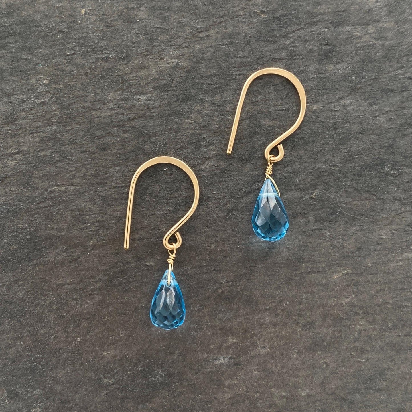 Genuine Blue Topaz Drop Earrings – 14k Gold Filled Hammered Ear Wires Faceted Teardrop Gemstones