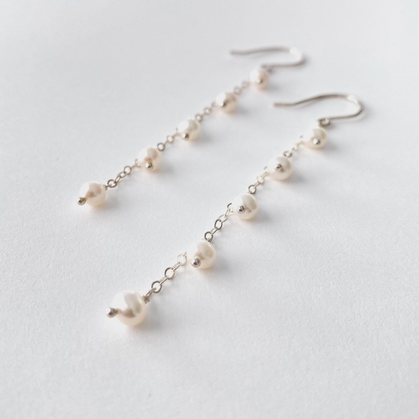 Dainty White Freshwater Pearl Chain 3 inch Earrings: Sterling Silver or 14k Solid Gold
