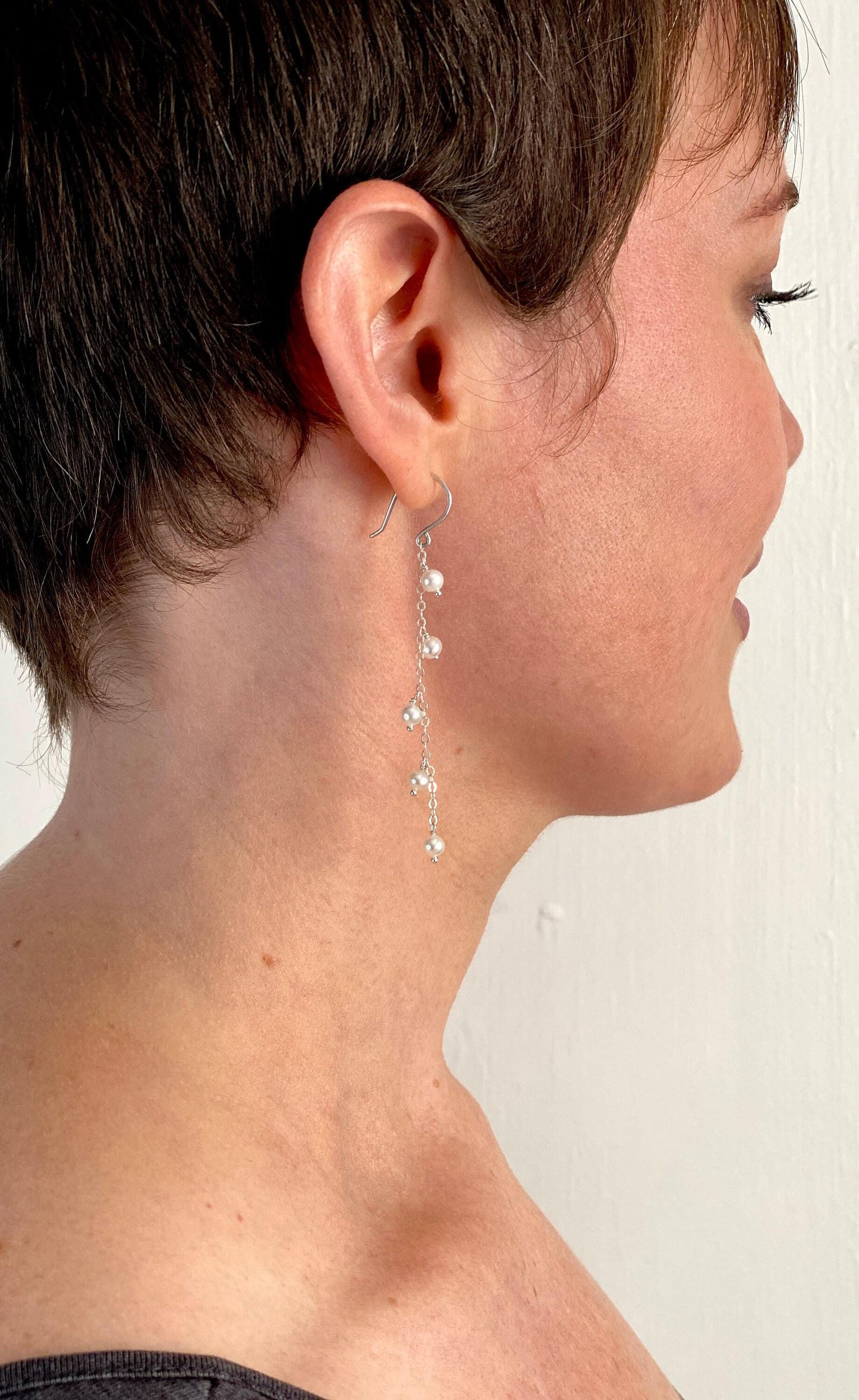 Dainty White Freshwater Pearl Chain 3 inch Earrings: Sterling Silver or 14k Solid Gold