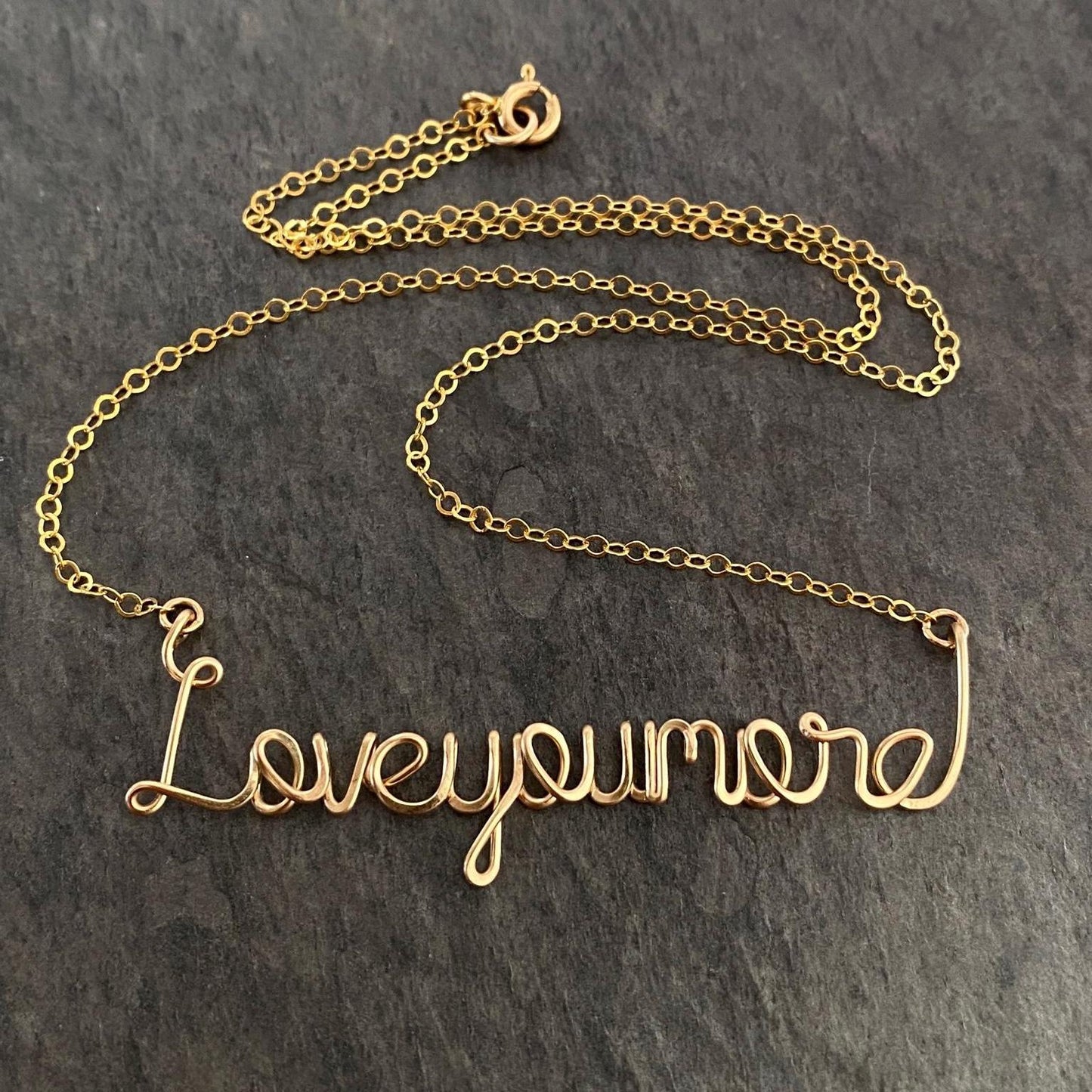 Love you more Gold Hand Hammered Necklace: Script Calligraphy