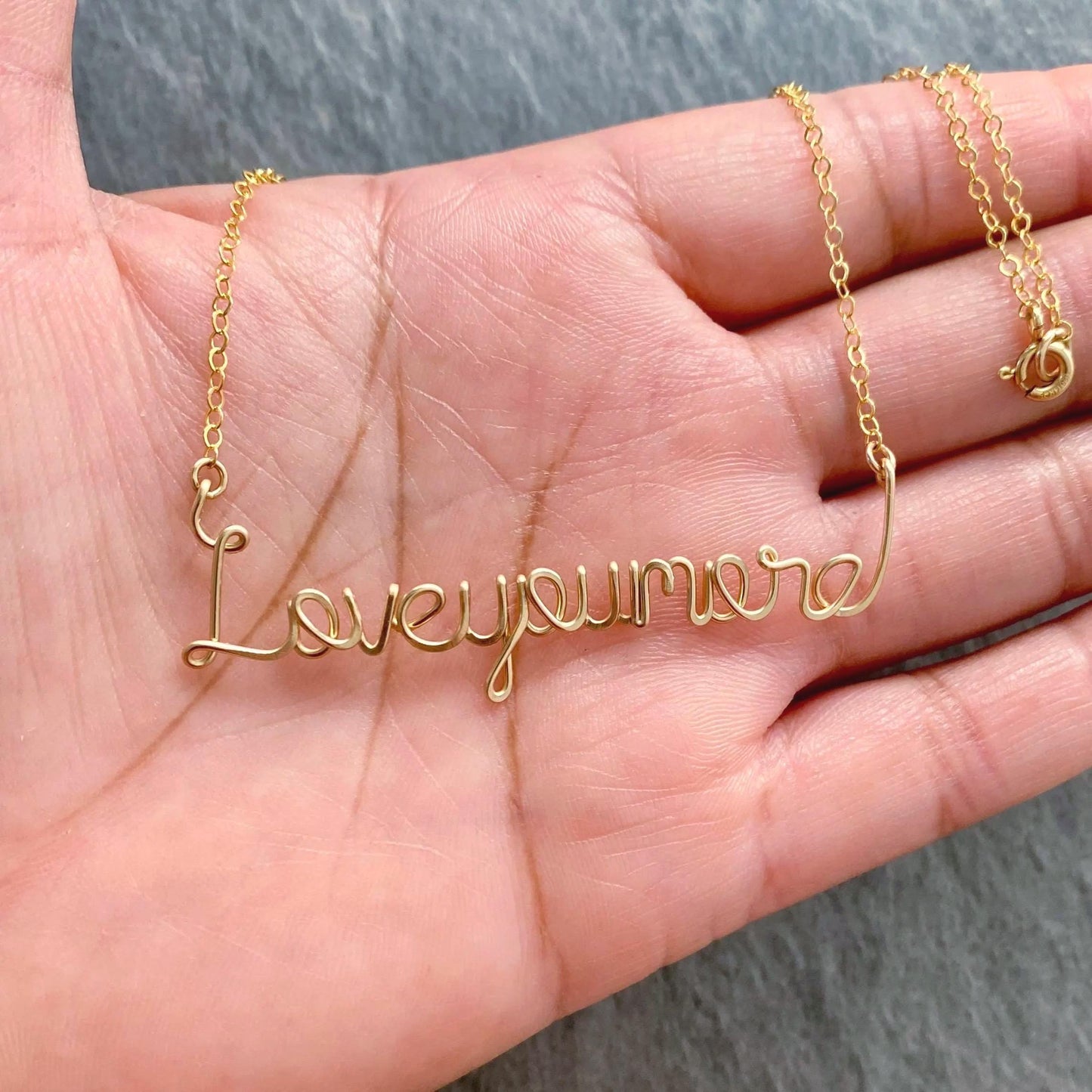 Love you more Gold Hand Hammered Necklace: Script Calligraphy